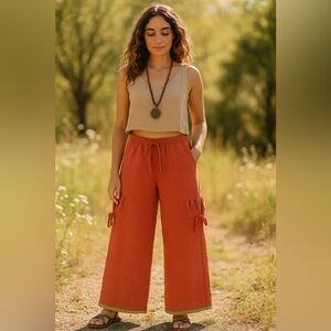 NEW Rust Red Orange Leaf Embroidered Boho Quilted Wide Leg Pants Fall Favorite.